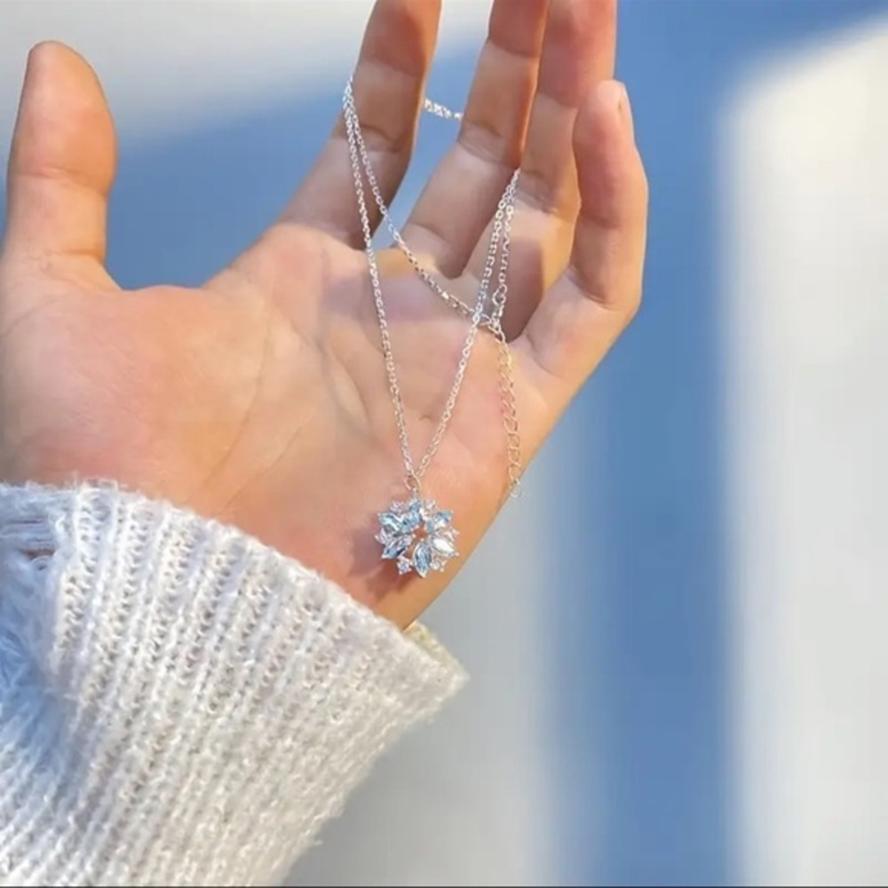 Silver Snowflake Pendant Necklace Baby Blue CZ Winter Holiday Jewelry NWT